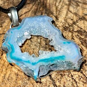 Blue Drusy Solar Quartz Pendant 2”